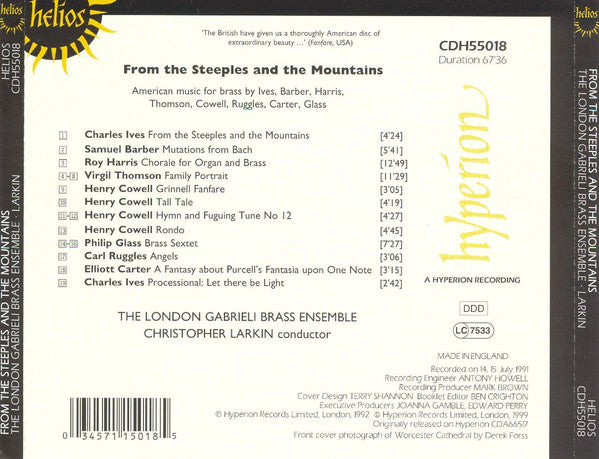Barber* · Carter* · Cowell* · Glass* · Harris* · Ives* · Ruggles* · Thomson* - The London Gabrieli Brass Ensemble, Christopher Larkin : From The Steeples And The Mountains (American Music For Brass) (CD, Album, RE)