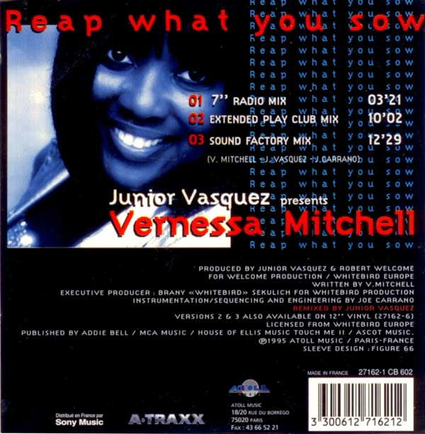 Junior Vasquez Presents Vernessa Mitchell : Reap What You Sow (CD, Single, Car)