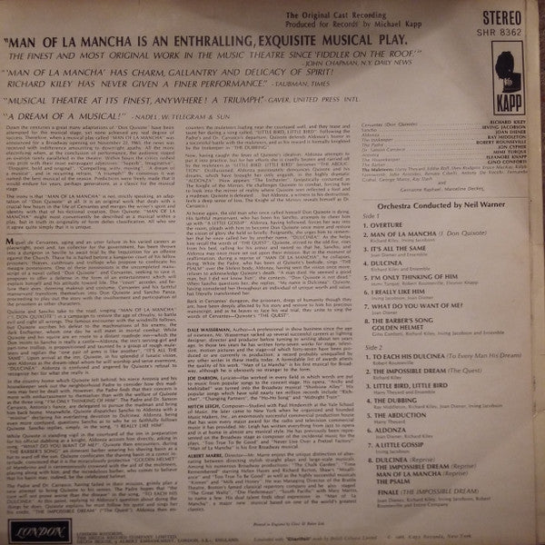 Original Cast*, Richard Kiley, Joan Diener, Irving Jacobson, Robert Rounseville, Ray Middleton : Man Of La Mancha (LP, Album, RE)