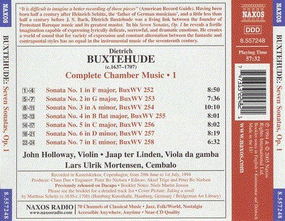 Buxtehude* : John Holloway, Jaap ter Linden, Lars Ulrik Mortensen : Complete Chamber Music Vol. 1 : Seven Sonatas, Op. 1 (CD, Album, RE)