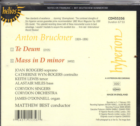 Bruckner* - Joan Rodgers • Catherine Wyn-Rogers • Keith Lewis (4) • Alastair Miles, Corydon Singers • Corydon Orchestra • Matthew Best (2) : Te Deum • Mass In D Minor (CD, Album, RE)