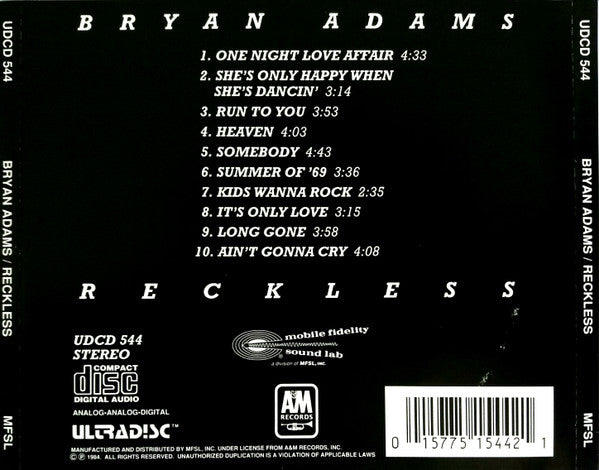 Bryan Adams : Reckless (CD, Album, Ltd, RE, RM)