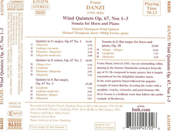 Franz Danzi - Michael Thompson Wind Quintet, Michael Thompson (2), Philip Fowke : Wind Quintets, Op. 67, Nos. 1-3 (CD, Album)