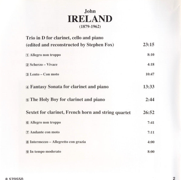 Ireland* - Robert Plane • Sophia Rahman • Alice Neary • David Pyatt • Maggini Quartet* : Sextet • Clarinet Trio • Fantasy Sonata • The Holy Boy (CD, Album)