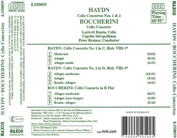 Haydn* - Boccherini*, Ludovít Kanta, Capella Istropolitana, Peter Breiner : Cello Concertos Nos. 1 And 2 / Cello Concerto (CD, Album, RE)