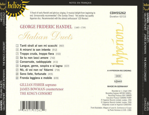 Handel* - Gillian Fisher · James Bowman (2) · The King's Consort : Italian Duets (CD, Album, RE)