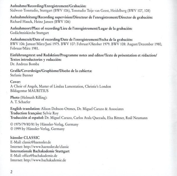 Bachcollegium Stuttgart, Helmuth Rilling : Cantatas BWV 106-108 (CD, Album, RM)