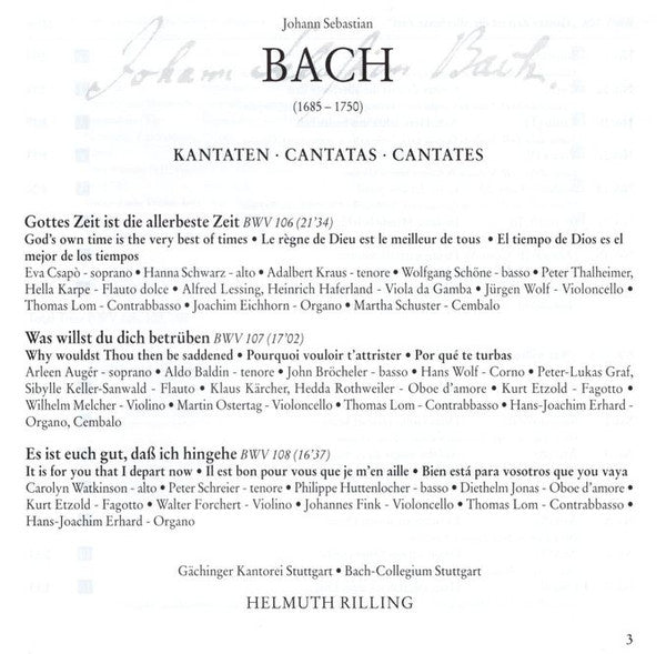 Bachcollegium Stuttgart, Helmuth Rilling : Cantatas BWV 106-108 (CD, Album, RM)