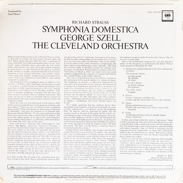 Richard Strauss, George Szell, The Cleveland Orchestra : Symphonia Domestica (LP, Album, Mono)