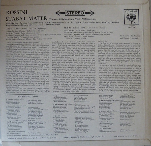Rossini*, Thomas Schippers, The New York Philharmonic Orchestra : Stabat Mater (LP, Album, RE)