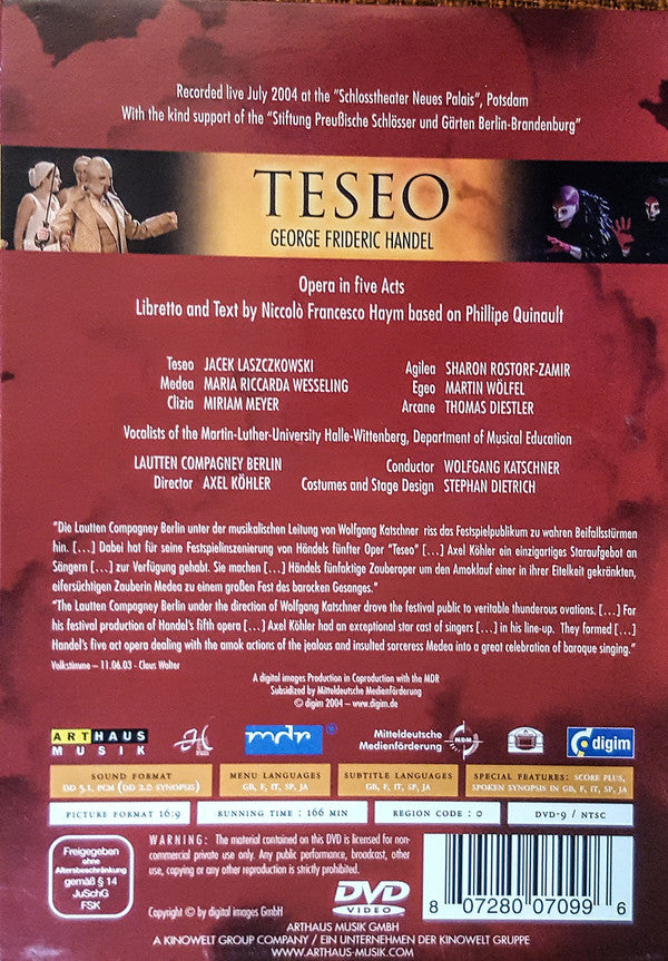 Georg Friedrich Händel, Jacek Laszczkowski, Sharon Rostorf-Zamir, Maria Riccarda Wesseling, Lautten Compagney , Conductor: Wolfgang Katschner : Teseo (DVD-V, NTSC)