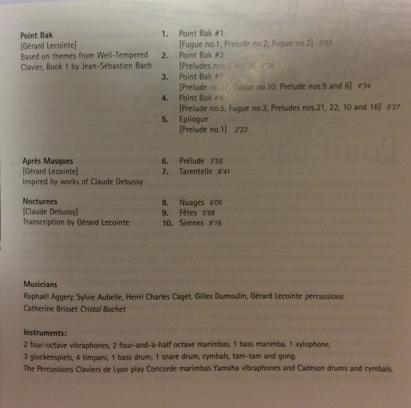 Johann Sebastian Bach, Claude Debussy, Gérard Lecointe : Point Bak - Percussions Claviers De Lyon (CD)