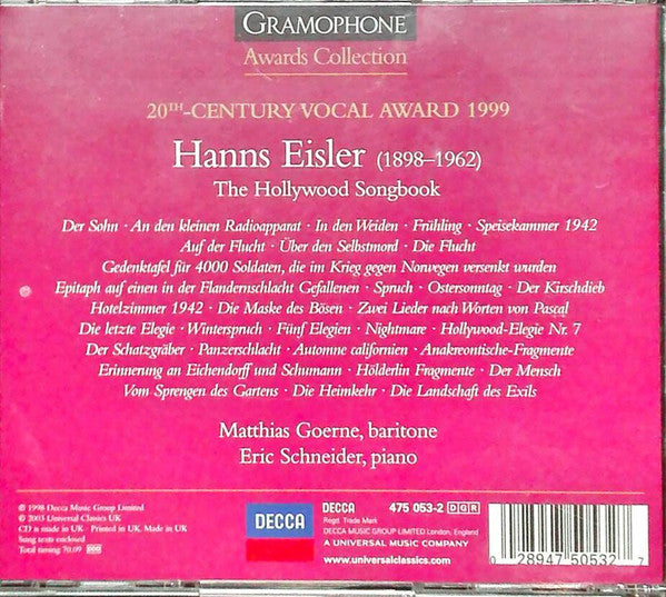 Eisler* - Matthias Goerne, Eric Schneider (2) : The Hollywood Songbook (CD, Album)