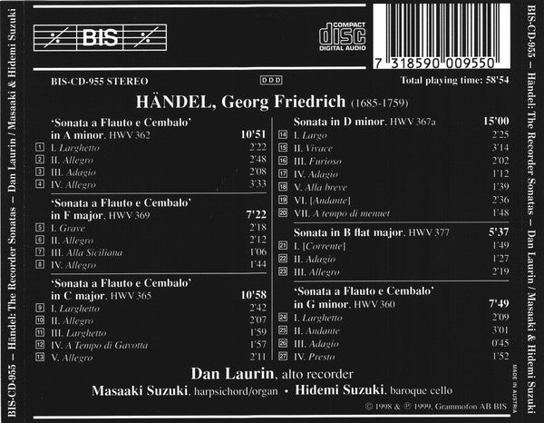 Händel*, Dan Laurin, Masaaki Suzuki, Hidemi Suzuki : The Recorder Sonatas (CD, Album)