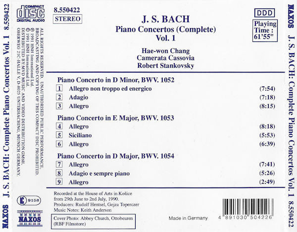 Johann Sebastian Bach, Hae-won Chang, Camerata Cassovia, Robert Stankovsky : Piano Concertos (Complete) Vol. 1 BWV 1052 - 1054 (CD, Album)