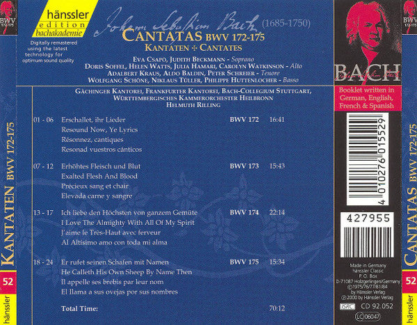 Johann Sebastian Bach - Bach-Ensemble, Helmuth Rilling : Cantatas BWV 172 - 175 (CD, Album, RE, RM)