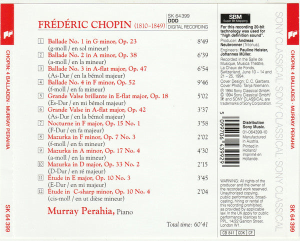 Chopin* - Murray Perahia : 4 Ballades (CD)
