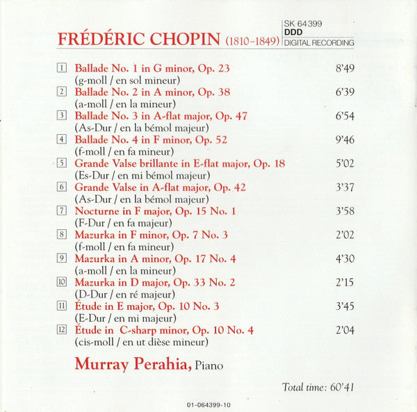 Chopin* - Murray Perahia : 4 Ballades (CD)