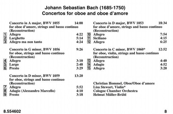 Johann Sebastian Bach - Christian Hommel, Lisa Stewart (2), Kölner Kammerorchester, Helmut Müller-Brühl : Concertos For Oboe And Oboe D&#39;amore (CD)