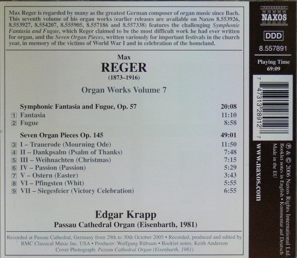 Reger* / Edgar Krapp : Organ Works, Volume 7 / Symphonic Fantasia And Fugue, Seven Organ Pieces (CD)