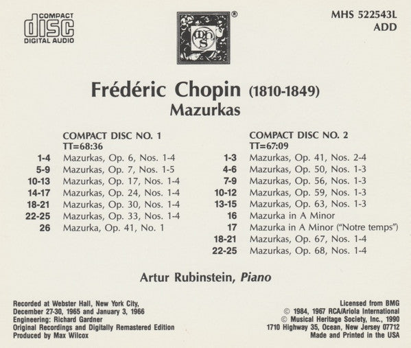 Arthur Rubinstein, Frédéric Chopin : Mazurkas (2xCD, RM)