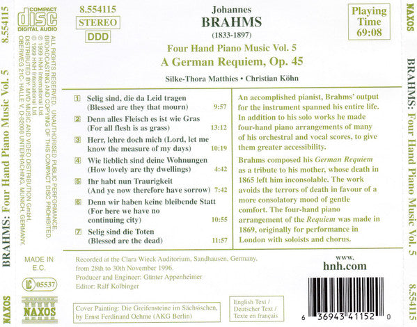 Brahms*, Silke-Thora Matthies / Christian Köhn : Four Hand Piano Music Vol. 5 — A German Requiem, Op. 45 (CD)