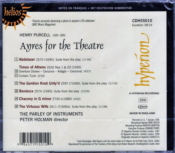 Purcell* - The Parley Of Instruments, Peter Holman : Ayres For The Theatre: Abdelazer • The Gordian Knot Unty&#39;d • Bonduca • Timon Of Athens • The Virtuous Wife (CD, Album, RE)