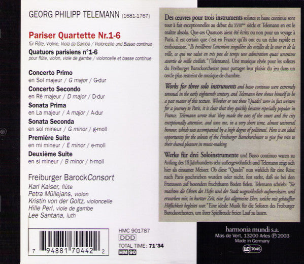 G. P. Telemann* - Freiburger Barockconsort* : Pariser Quartette (CD, Album)