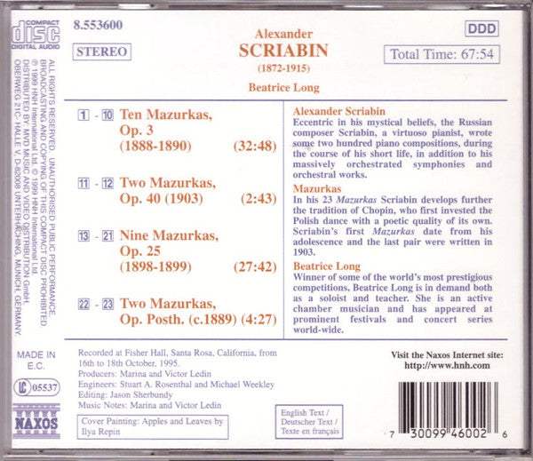 Scriabin* - Beatrice Long : Mazurkas (Complete) (CD, Album)