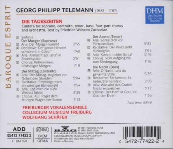 Georg Philipp Telemann - Freiburger Vokalensemble, Collegium Musicum Freiburg, Wolfgang Schäfer : Die Tageszeiten (CD, Album, RE)