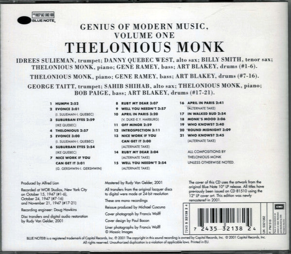 Thelonious Monk : Genius Of Modern Music Volume One (CD, Comp, Mono, RE, RM, RP, Med)