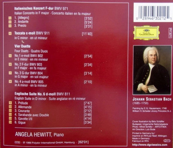 Johann Sebastian Bach - Angela Hewitt : Italienisches Konzert ‧ Englische Suite No. 6 ‧ Toccata BWV 911 ‧ 4 Duette BWV 802-805 (CD, Album, RE)