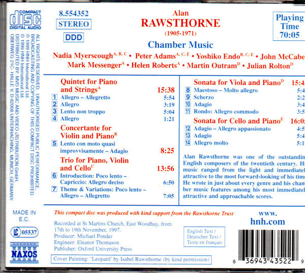 Alan Rawsthorne, John McCabe (2), Rogeri Trio*, Mark Messenger, Helen Roberts, Martin Outram, Julian Rolton : Piano Quintet ∙ Piano Trio ∙ Cello Sonata ∙ Concertante ∙ Viola Sonata (Chamber Music) (CD, Album)