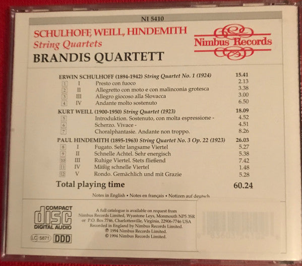 Brandis Quartet : Weill, Schulhoff &amp; Hindemith (CD)