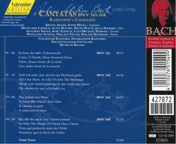 Johann Sebastian Bach, Helmuth Rilling : Cantatas BWV 161 - 162 - 163 - 164 (CD)
