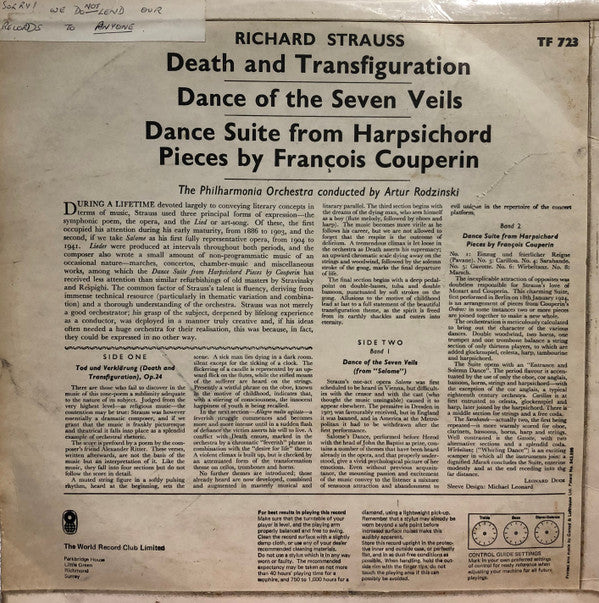 Richard Strauss - Philharmonia Orchestra Conducted By Artur Rodzinski : Death &amp; Transfiguration &amp; Other Strauss Works (LP)