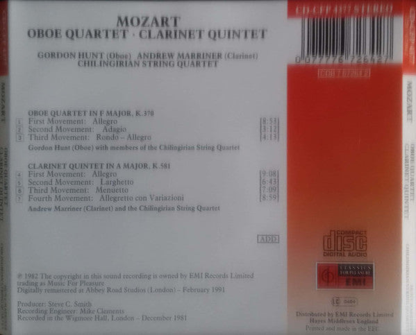 Mozart* / Chilingirian String Quartet, Andrew Marriner, Gordon Hunt : Clarinet Quintet, Oboe Quartet (CD, RE)