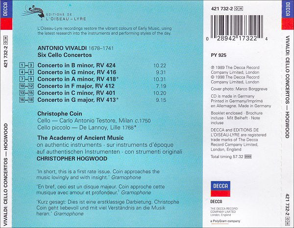 Vivaldi* - Christophe Coin ∙ The Academy Of Ancient Music ∙ Christopher Hogwood : 6 Cello Concertos (CD, Album, RE)