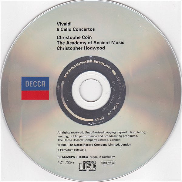Vivaldi* - Christophe Coin ∙ The Academy Of Ancient Music ∙ Christopher Hogwood : 6 Cello Concertos (CD, Album, RE)