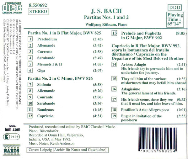 Johann Sebastian Bach - Wolfgang Rübsam (2) : Partitas Nos. 1 And 2 (CD, Album, RE)