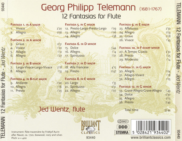 Telemann* / Jed Wentz : 12 Fantasias For Flute (CD, Album)