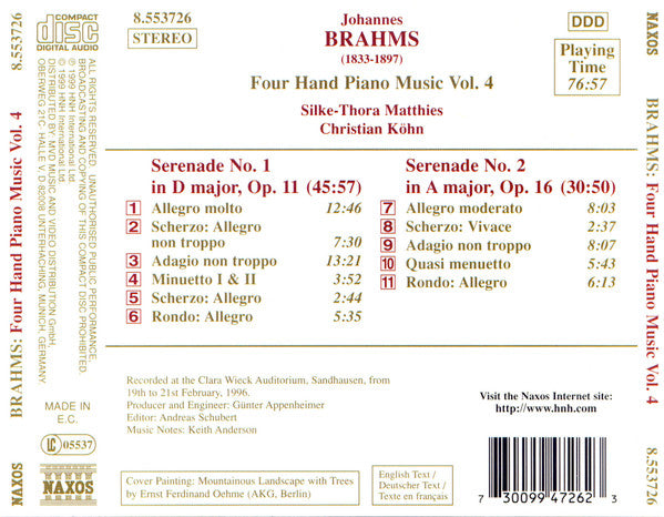 Brahms* - Christian Köhn, Silke-Thora Matthies : Four Hand Piano Music Vol. 4 - Serenades Nos. 1 and 2 (CD, Album)