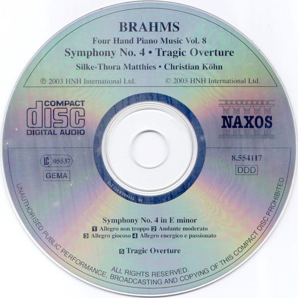 Brahms* - Christian Köhn, Silke-Thora Matthies : Four Hand Piano Music Vol. 8 - Symphony No. 4, Tragic Overture (CD, Album)