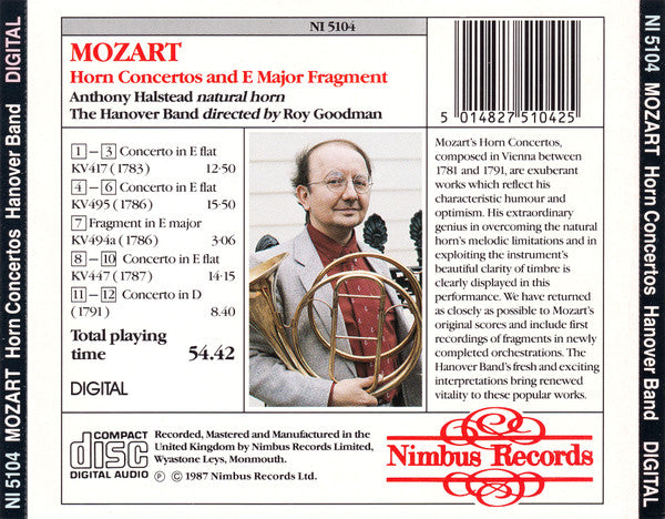 Mozart*, Anthony Halstead, The Hanover Band*, Roy Goodman : Horn Concertos And E Major Fragment (CD, Amb)
