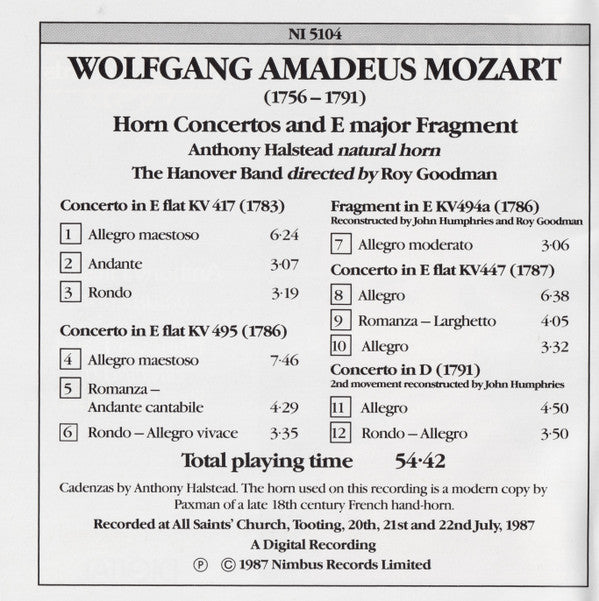 Mozart*, Anthony Halstead, The Hanover Band*, Roy Goodman : Horn Concertos And E Major Fragment (CD, Amb)