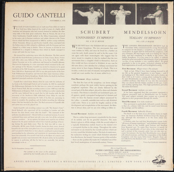 Guido Cantelli Conducting Philharmonia Orchestra, Franz Schubert, Felix Mendelssohn-Bartholdy : Symphony No. 8 In B Minor &quot;Unfinished&quot; / Symphony No. 4 In A Major - &quot;Italian&quot; (LP, Album, Mono, Dow)