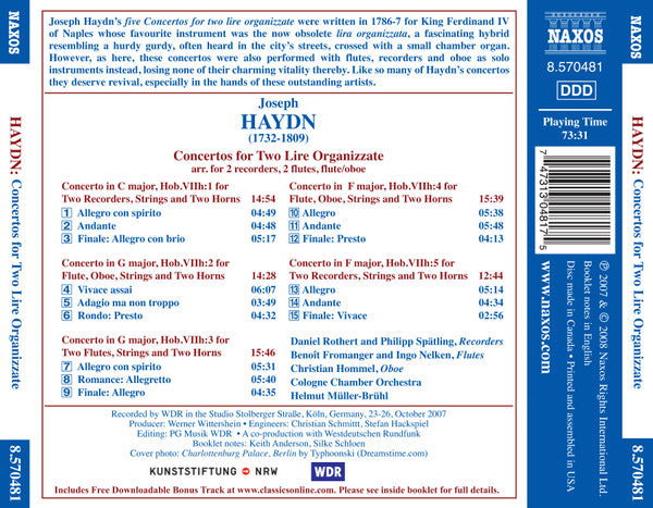 Haydn*, Daniel Rothert, Philipp Spätling, Benoît Fromanger, Ingo Nelken, Christian Hommel, Cologne Chamber Orchestra*, Helmut Müller-Brühl : Concertos For Two Lire Organizzate (CD, Album)