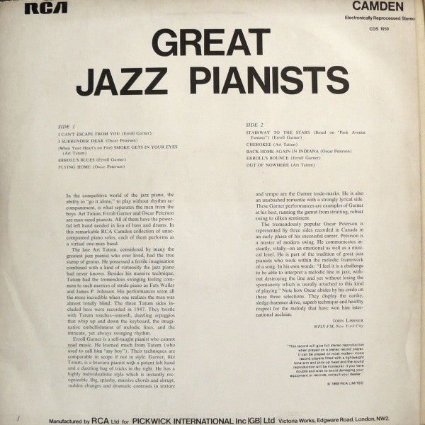 Oscar Peterson / Erroll Garner / Art Tatum : Great Jazz Pianists (LP, Comp)