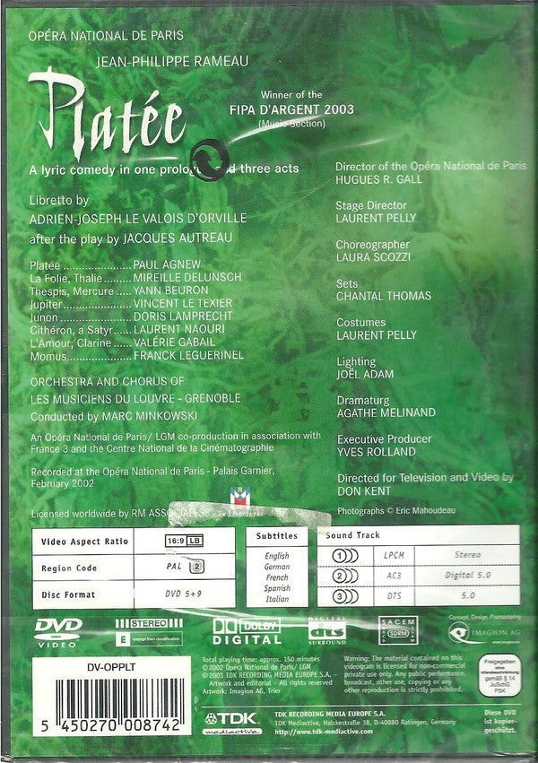 Jean-Philippe Rameau, Les Musiciens Du Louvre Conducted By Marc Minkowski, Paul Agnew (2), Mireille Delunsch, Yann Beuron, Vincent Le Texier, Doris Lamprecht, Laurent Naouri, Valérie Gabail, Franck Leguérinel : Platée (2xDVD-V, PAL)