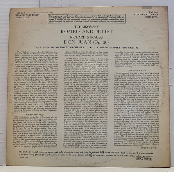 Pyotr Ilyich Tchaikovsky, Herbert von Karajan, Richard Strauss : Romeo And Juliet: Fantasy Overture / Don Juan (Op.20) (LP, Album, Mono)